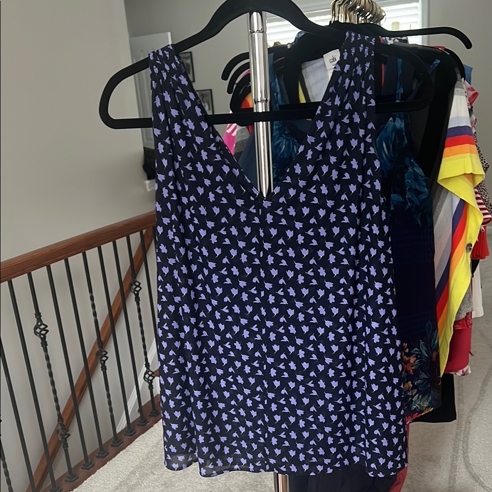 CAbi Blue Sleeveless Polka Dot Tank Top
